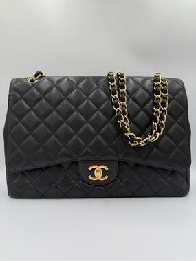 CHANEL Maxi Black Quilted Caviar Single Flap Shoulder Bag with Gold Hardware